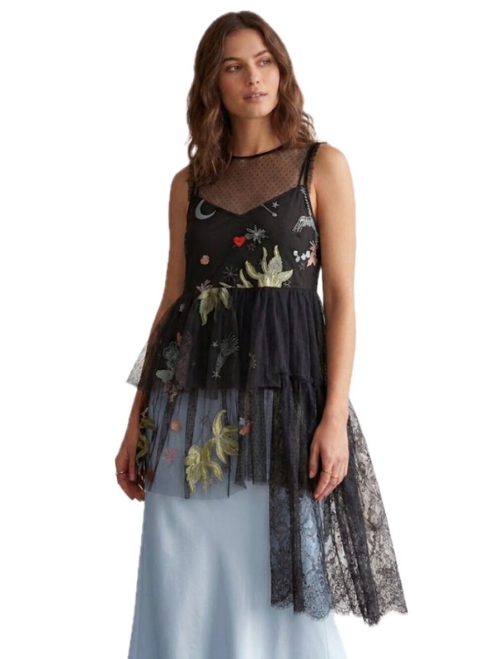 Cinq A Sept | Embroidered Tulle Asymmetrical Tunic Blouse in Black | Size XS